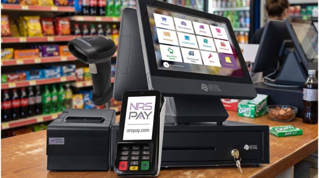 A complete NRS point-of-sale (POS) system with a touchscreen register, handheld barcode scanner, and payment terminal on a convenience store counter.