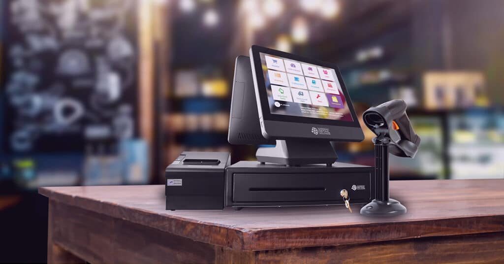 A photo of a Robust point-of-sale system featuring dual displays for merchant and customer, secure cash drawer, efficient barcode reader, and high-speed thermal printer. Photo design by NRS.