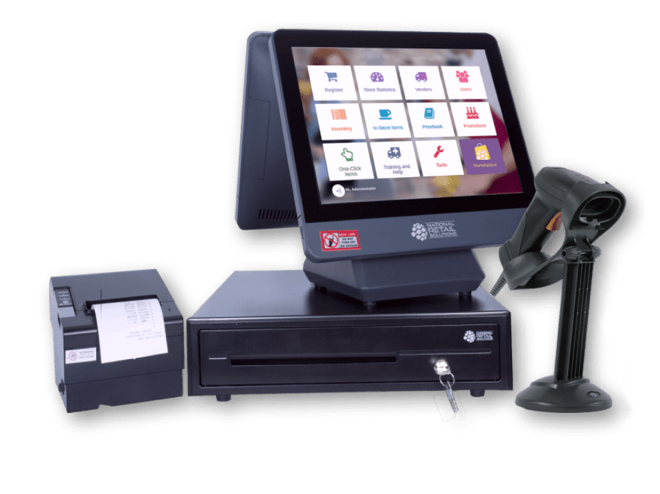 Cash register with barcode scanner and credit store card reader