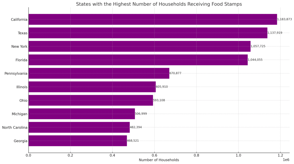 Bar chart of states with the highest number of households receiving food stamps. Design by NRS