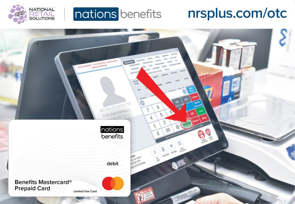 Nations Benefits Over-the-Counter (OTC) Benefits Mastercard Prepaid Card being used at a NRS point-of-sale terminal.