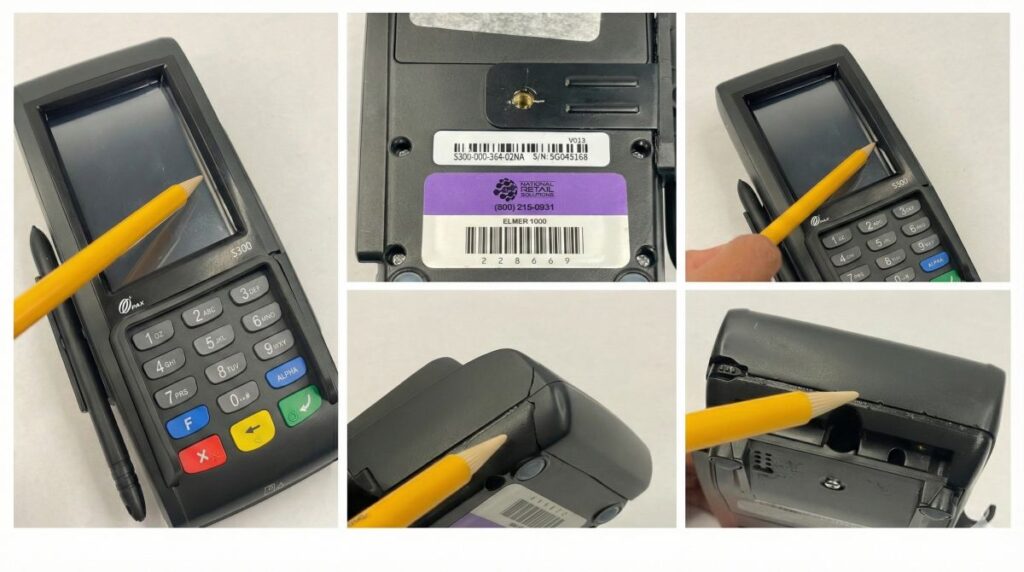 A collage of five photos showing a Pax S300 payment terminal, with a yellow pencil pointing to various parts of the device to illustrate the placement of an overlay skimming device.