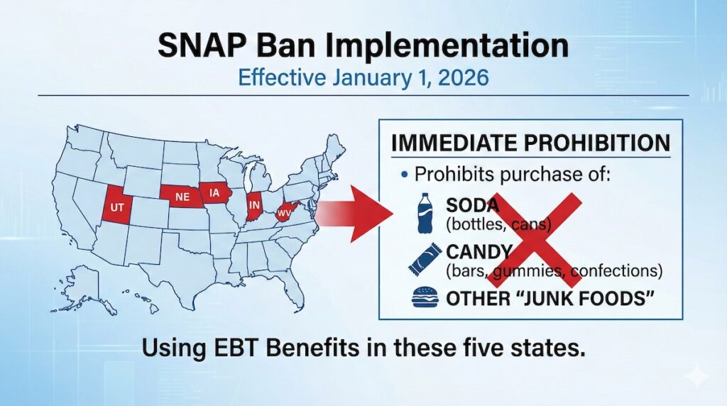 An infographic slide titled "SNAP Ban Implementation: Effective January 1, 2026" outlines new restrictions. A map of the United States highlights five states in red: Utah (UT), Nebraska (NE), Iowa (IA), Indiana (IN), and West Virginia (WV).. Design by NRS.