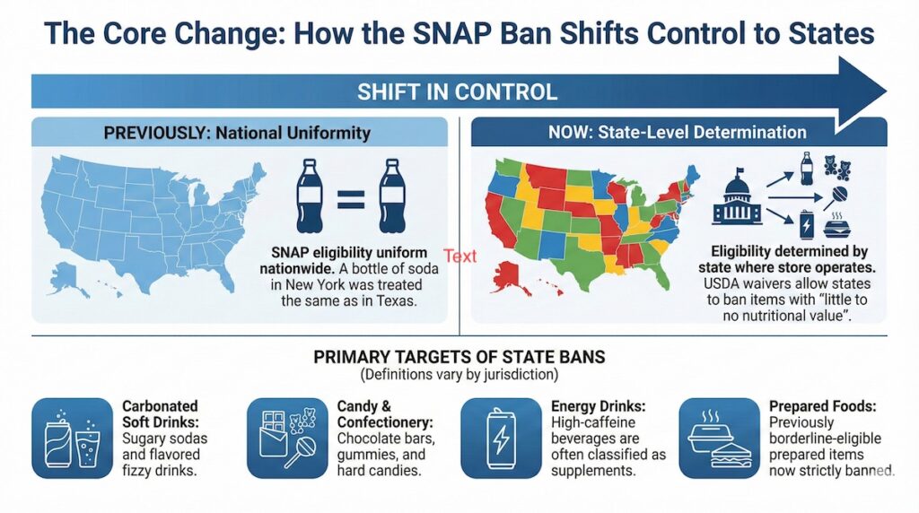 Infographic illustrating the shift in SNAP rules from uniform national eligibility to state-level control, allowing individual states to ban items deemed to have little nutritional value. It lists the primary targets of these state bans as carbonated soft drinks, candy and confectionery, energy drinks, and prepared foods. Design by NRS.