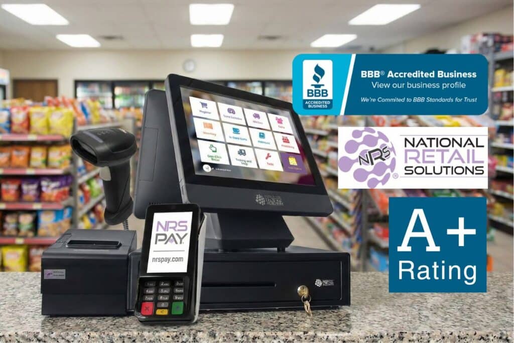 A National Retail Solutions POS system on a store counter with a BBB Accredited Business logo and A+ rating overlay