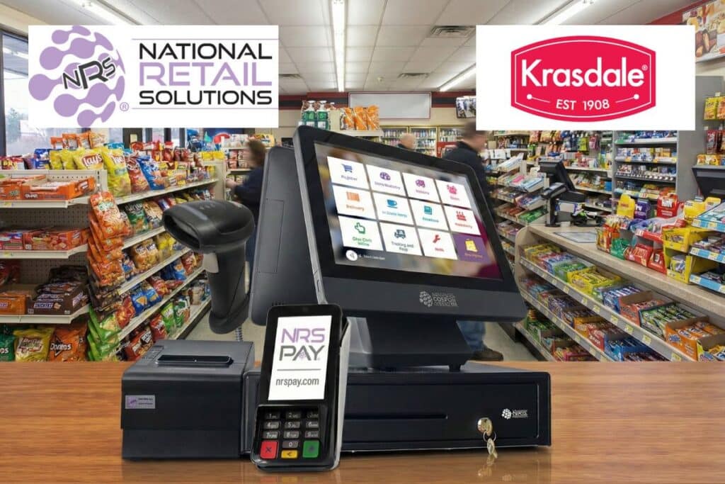 National Retail Solutions and Krasdale logos displayed over a modern POS register system, scanner, and credit card terminal in a grocery store setting.