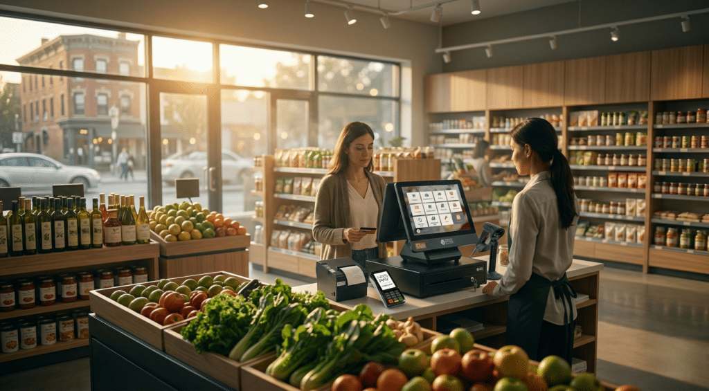 Sample business plan for a grocery shop showing a modern independent grocery store interior with NRS POS checkout station and fresh produce displays