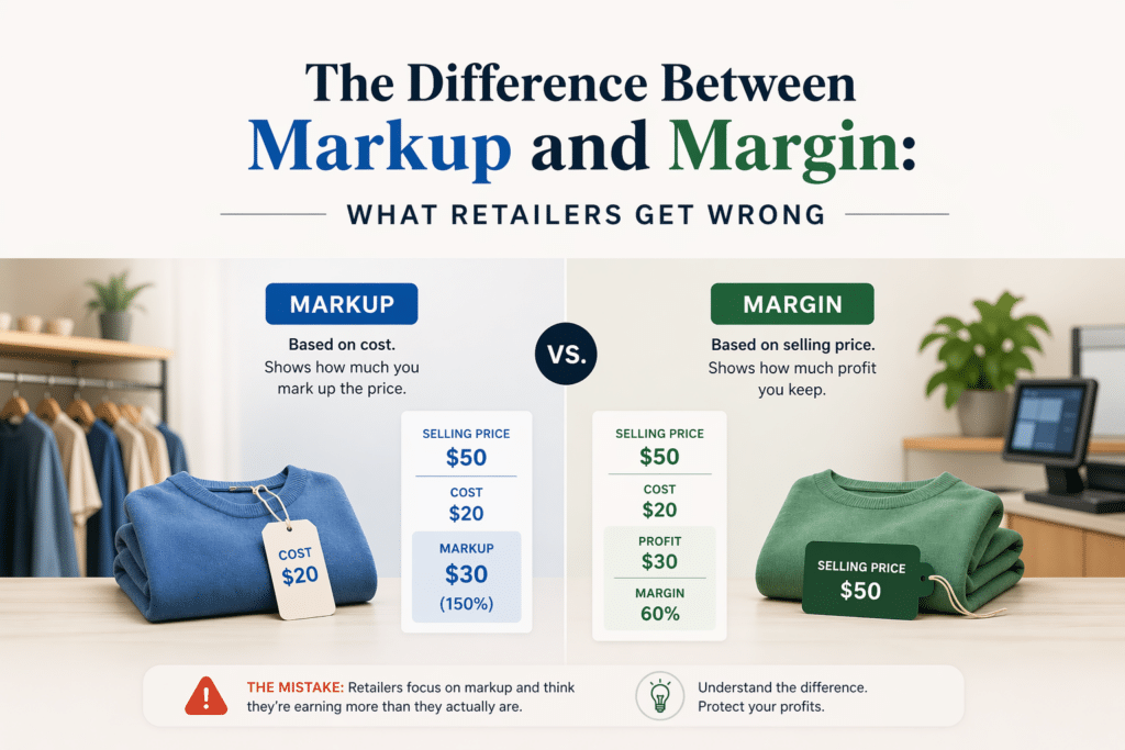 Infographic showing the difference between markup and margin in retail pricing, with examples of cost, selling price, profit, and percentage calculations