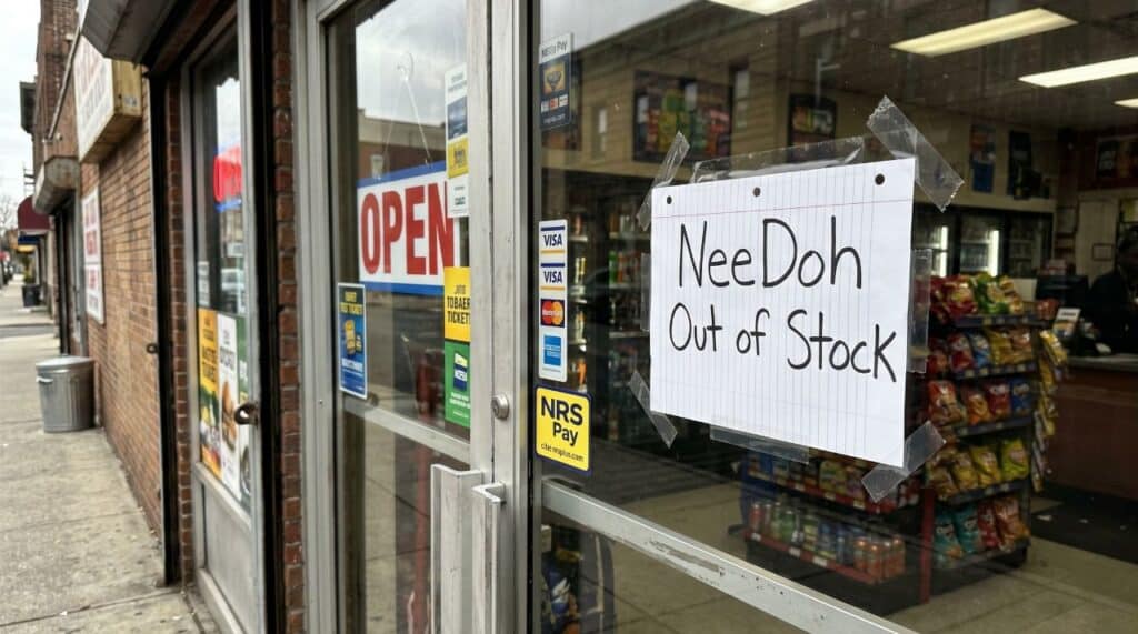 A close-up of a glass convenience store door with a handwritten sign that reads NeeDoh Out of Stock.