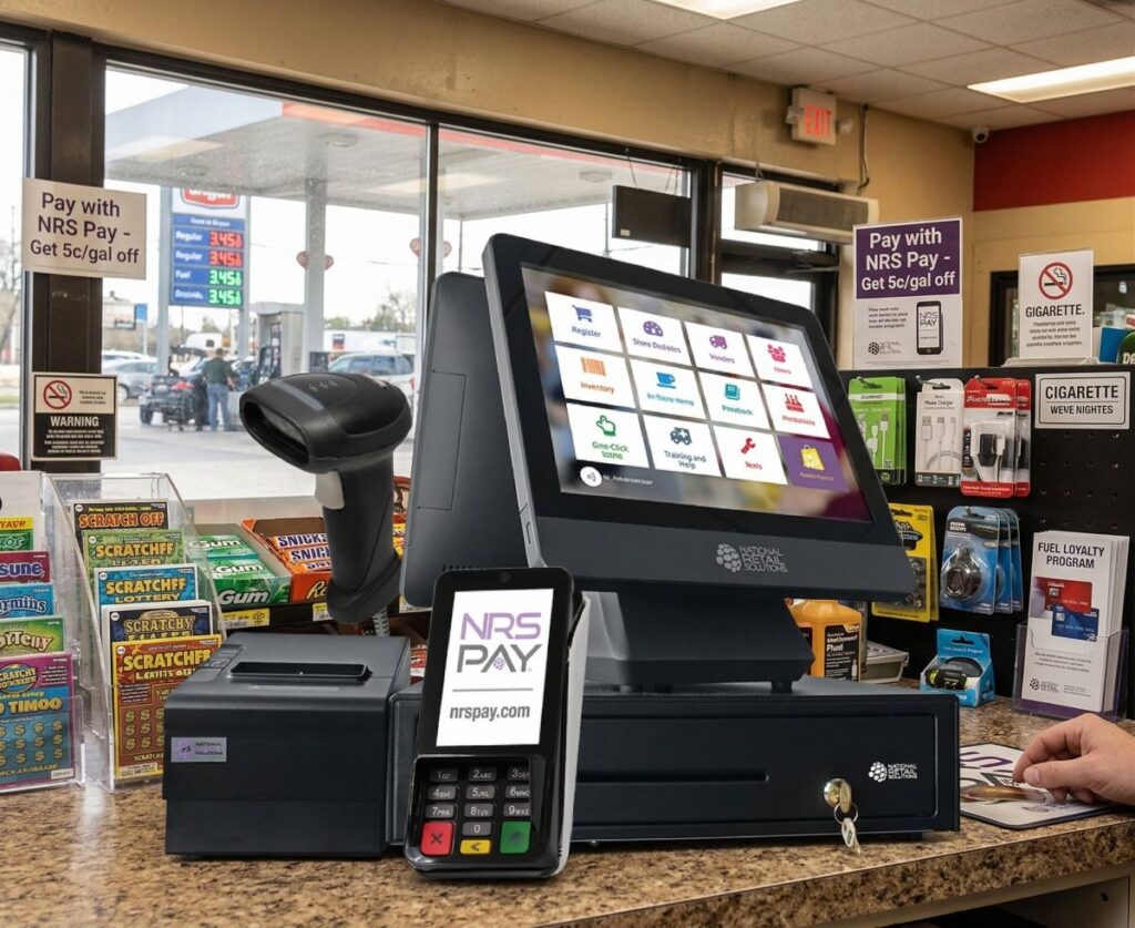 NRS Point of Sale system on a checkout counter inside a gas station convenience store.
