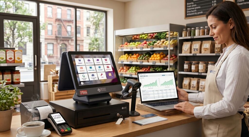 A professional, organized workspace featuring a laptop displaying financial growth charts, a dedicated business credit card, and a checkbook to illustrate key small business accounting tips like separating finances and managing cash flow for the 2026 tax year