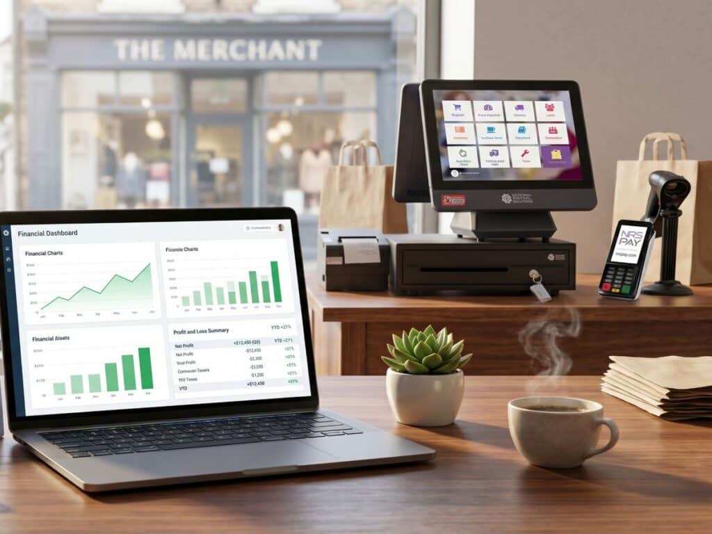 Small business owner reviewing accounting reports and receipts at a desk