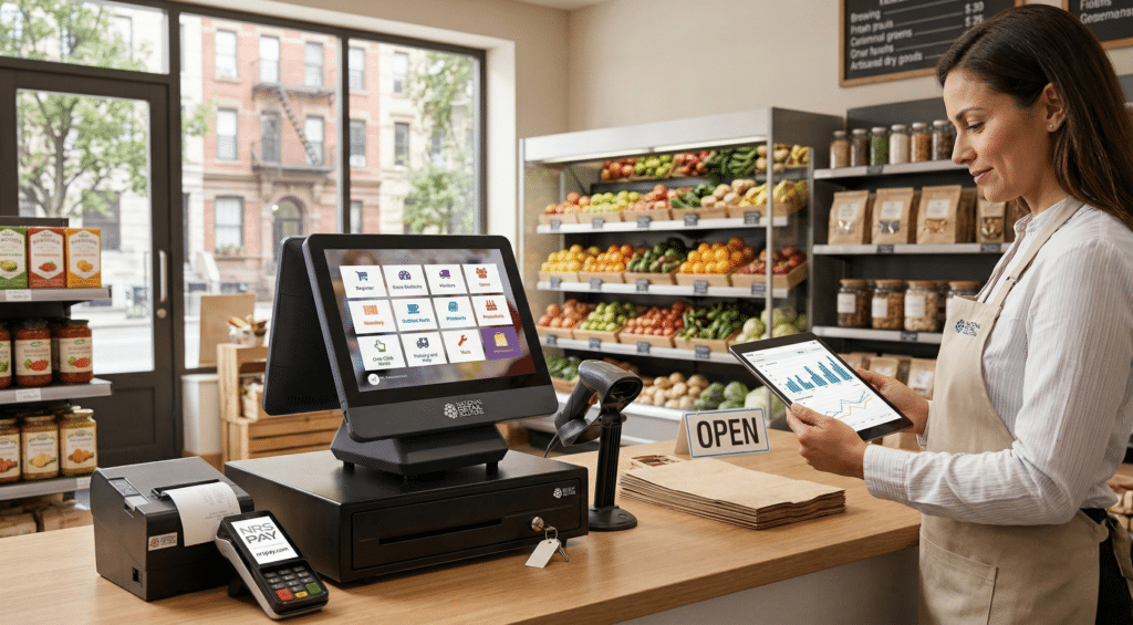 Independent grocery store owner creating a financial projection using NRS POS data at their small grocery store counter