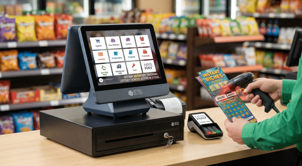 A cashier at a convenience store uses a standard barcode scanner connected to a native POS system to track a roll of lottery scratch-off tickets.