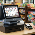 A cashier at a convenience store uses a standard barcode scanner connected to a native POS system to track a roll of lottery scratch-off tickets.