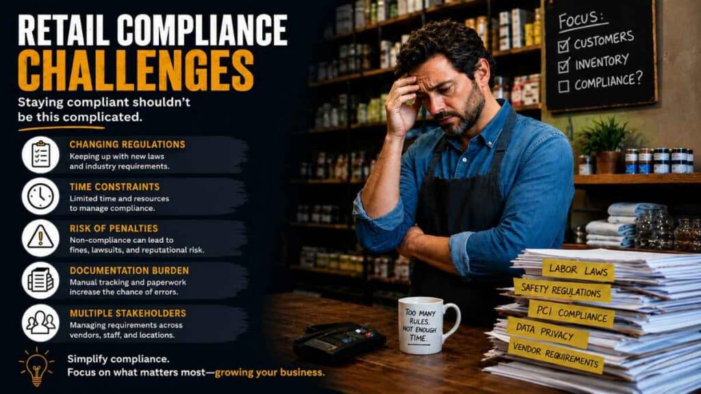 An infographic titled "Retail Compliance Challenges" featuring a stressed store owner looking at a massive stack of paperwork labeled with regulations like labor laws and data privacy. The left side lists core challenges: changing regulations, time constraints, risk of penalties, documentation burden, and multiple stakeholders.