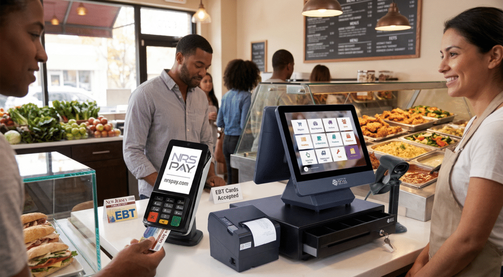Customer using EBT card at fast food restaurant PIN pad accepting CalFresh in California