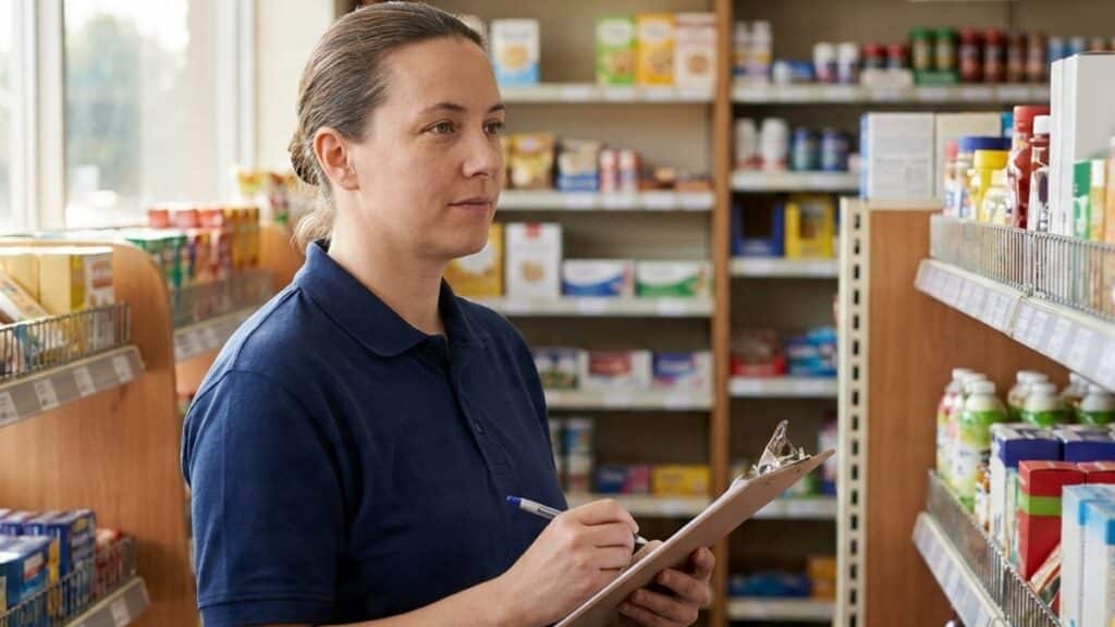 A store owner or manager in a blue polo shirt standing in a grocery store aisle, holding a clipboard and pen while reviewing inventory on the shelves.