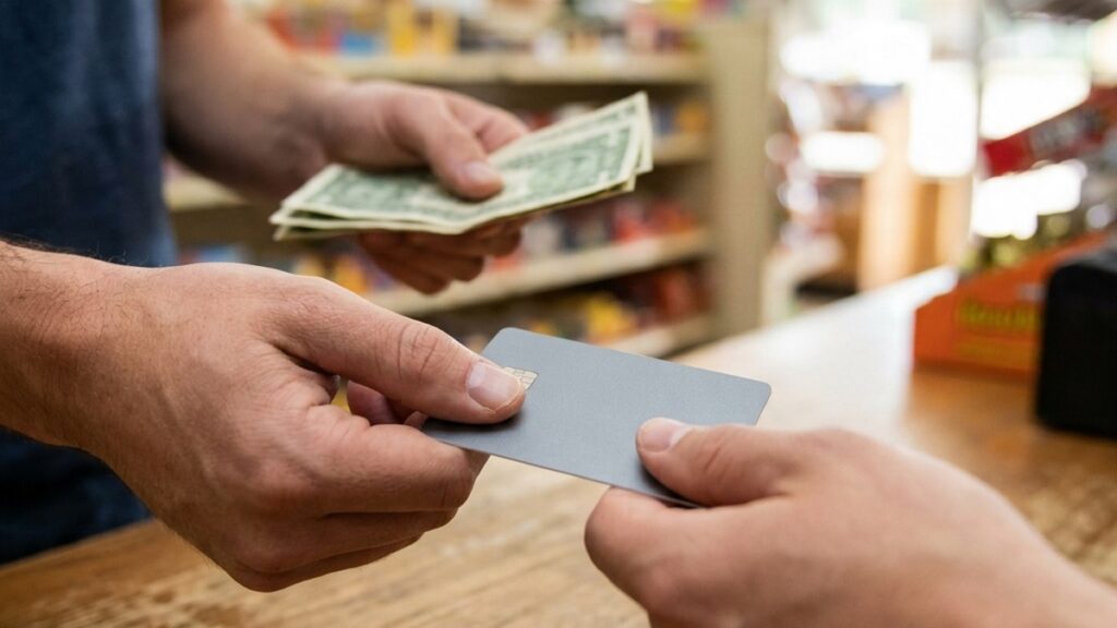 Cash discount program sign at independent retail store checkout counter
