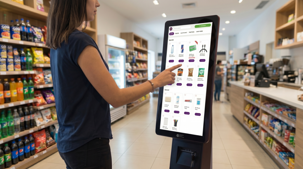 Customer using a self-checkout kiosk for a small retail store with age verification at an NRS-equipped shop.