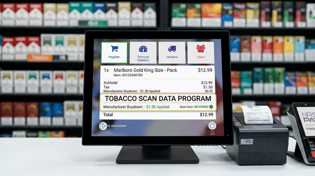 NRS POS recording a sale in a tobacco scan data program convenience store owners use to earn buydowns.