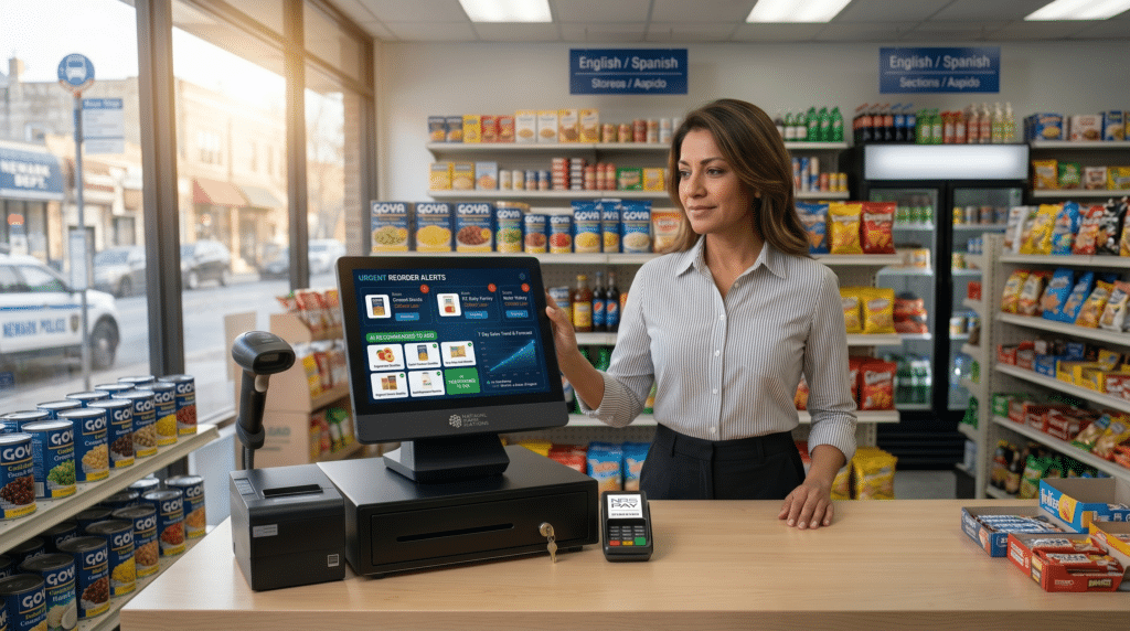 NRS screen showing AI product recommendations for small retail stores with suggested items and pricing insights.