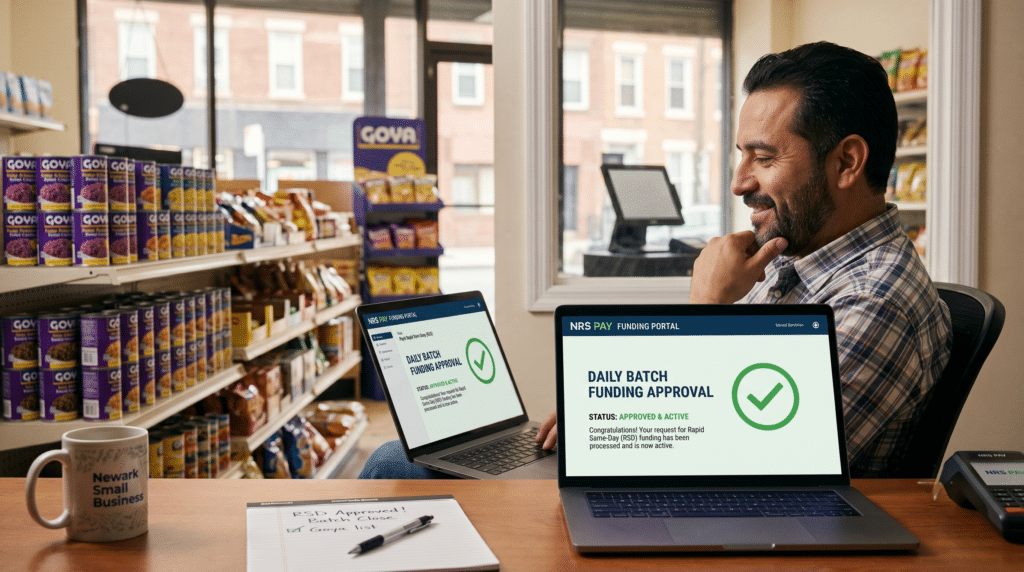 Store owner weighing a merchant cash advance for small retail stores during a slow season at an NRS-equipped counter.