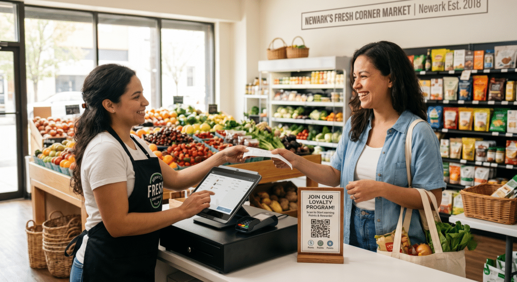 Customer redeeming rewards through a loyalty program for small grocery store at an NRS register.