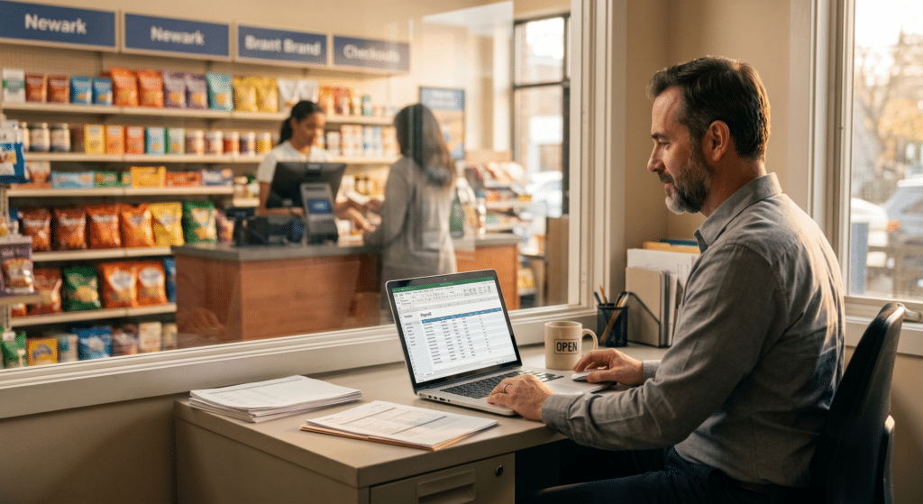 Employee clocking in on a time clock, part of payroll for small retail business owners at an NRS-equipped store.