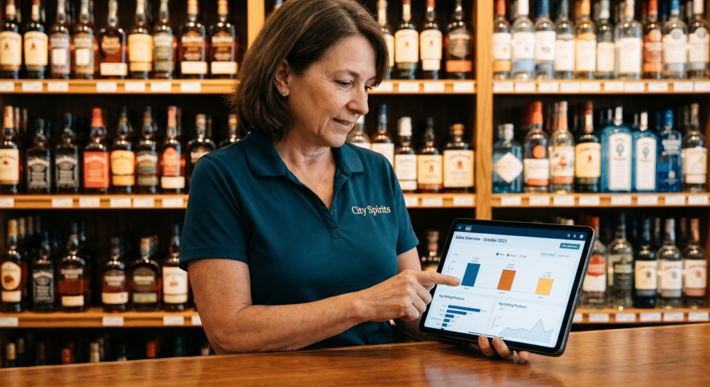 Owner using the best POS system for liquor stores 2026 to scan a customer ID for age verification at an NRS register.