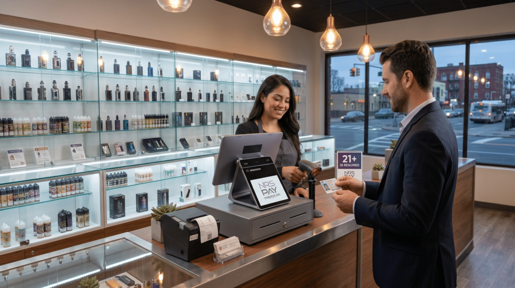 Clerk using a POS system for vape shop 2026 to scan a customer ID on an NRS Panther tablet at a smoke shop