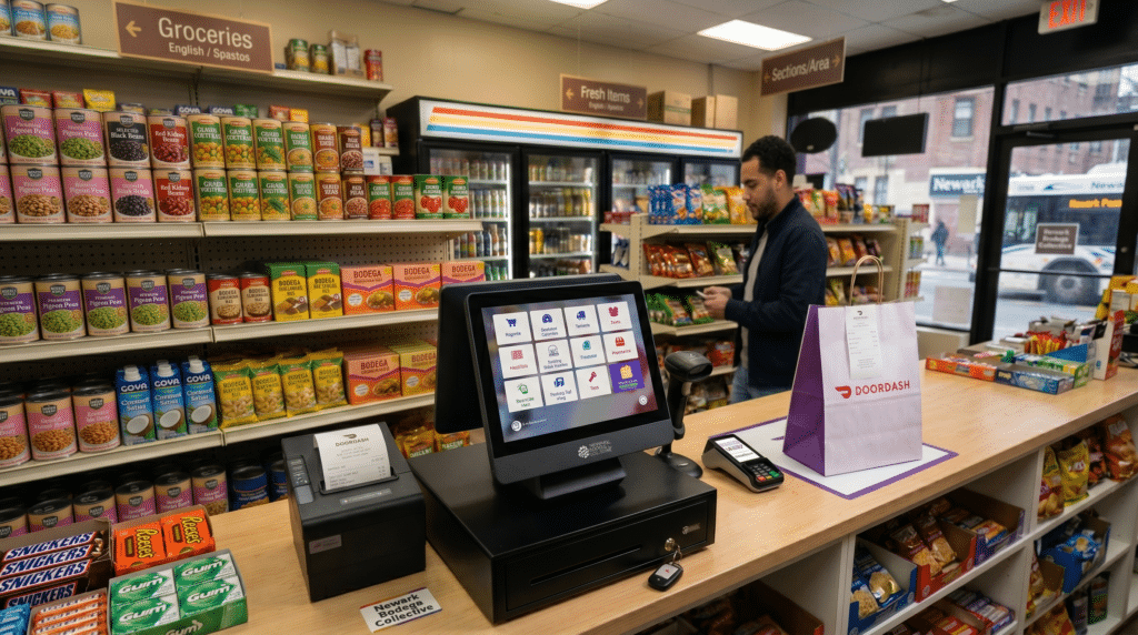 DoorDash integration for convenience store POS showing delivery orders flowing into an NRS register screen.