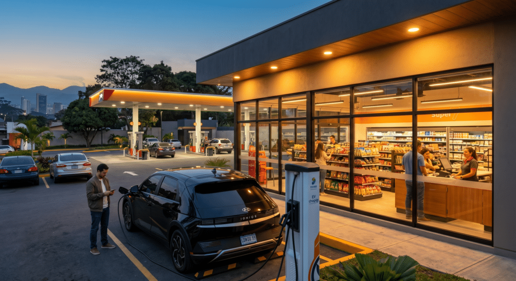 EV charging for convenience stores shown at an independent gas station c-store with chargers and a customer walking inside.