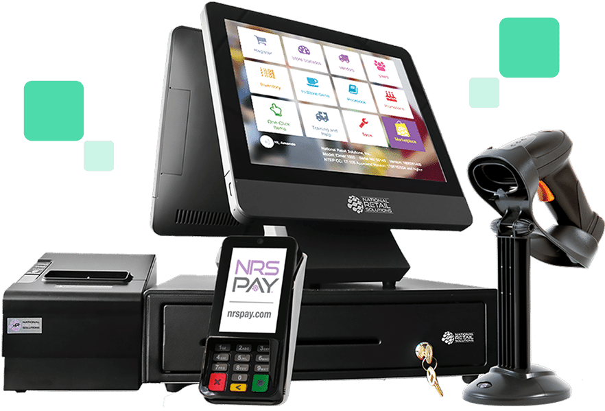 A complete point-of-sale system with a touchscreen monitor, barcode scanner, receipt printer, cash drawer, and card reader.