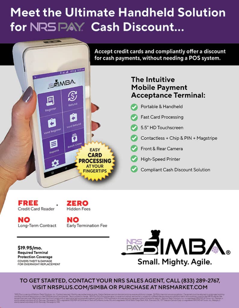 NRS PAY SIMBA handheld payment terminal for cash discount, showing features like portable, fast processing, HD touchscreen