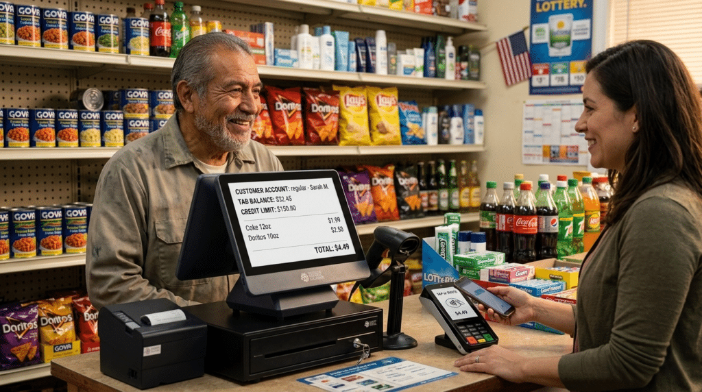 A bodega owner shows how to manage store credit at a small retail store by recording a customer tab on the NRS POS.