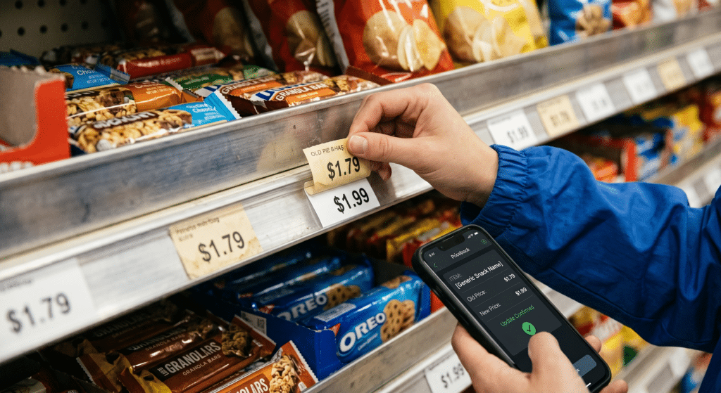 Store owner using a phone and POS to update retail prices fast with a pricebook after tariff cost increases.