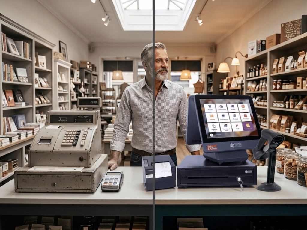 Independent retailer deciding to trade in an old POS system for a modern NRS POS with contactless reader.