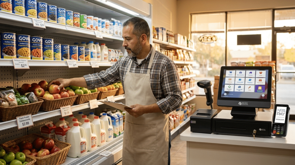 Small grocer auditing dairy shelves to meet USDA SNAP stocking requirements 2026 at an NRS POS-equipped store.