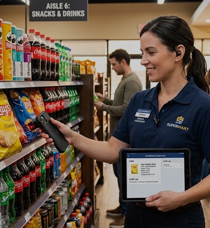A Supermart employee scans products on a shelf with a handheld scanner while holding a tablet displaying inventory data