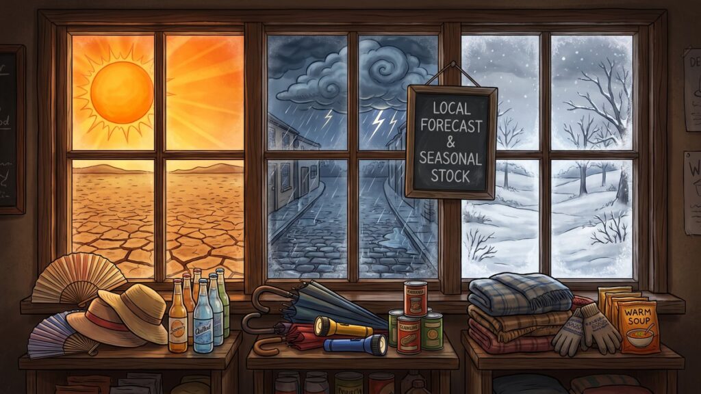 Store window split into three scenes—heat, storm, and cold—with matching seasonal stock below.