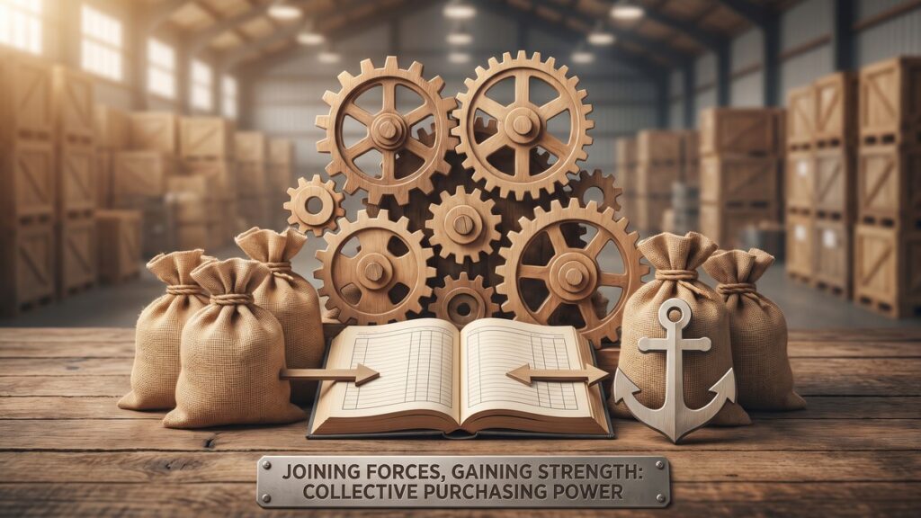 Interlocking wooden gears rising behind an open purchasing ledger and burlap supply sacks on a warehouse table stacked with crates, illustrating how independent stores combine their orders through a wholesale buying group or retail cooperative to gain collective purchasing power.