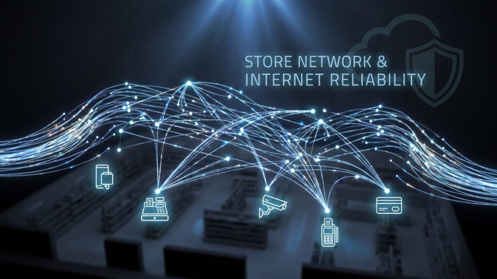 Glowing network lines arcing above a darkened store floor plan and branching down to outline icons for a register, a security camera, a card payment terminal, a bank card and a mobile device, with a cloud and shield symbol overhead, representing the single internet connection every system in an independent store depends on.