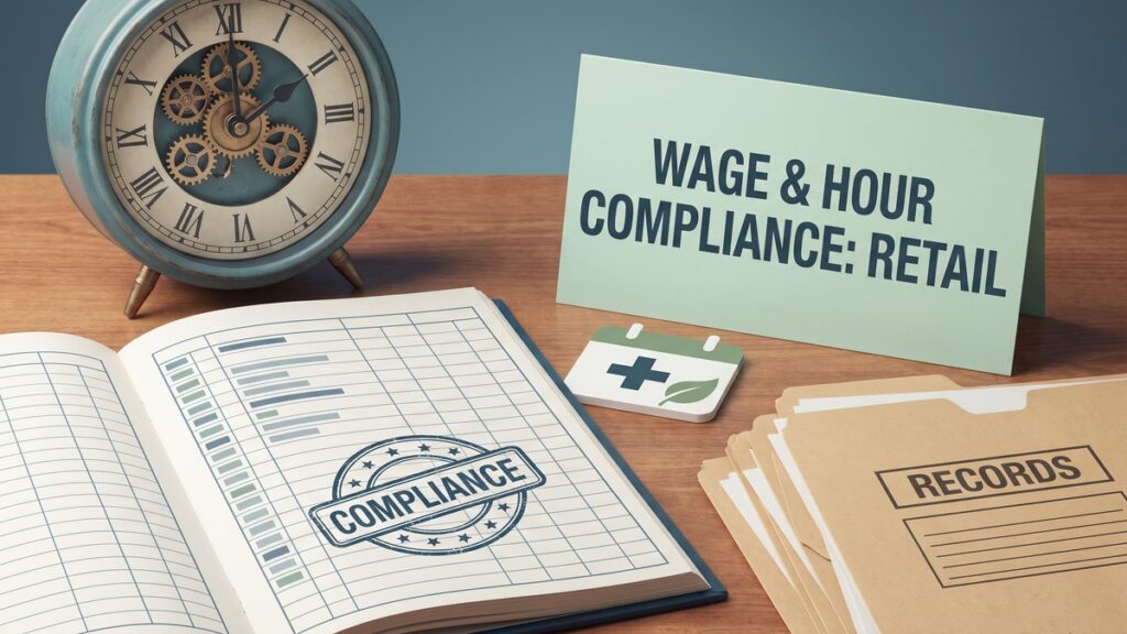 A retail back office desk holding an alarm clock with exposed gears, an open timekeeping ledger stamped Compliance, a paid sick leave calendar icon, and a stack of employee records folders beside a card reading Wage and Hour Compliance: Retail.