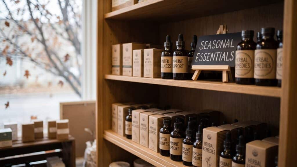 Wooden shelves display amber dropper bottles and kraft boxes labeled "Winter Wellness," "Immune Support," and "Herbal Remedies," with a small chalkboard sign reading "Seasonal Essentials" propped on an easel, near a window showing bare tree branches outside.