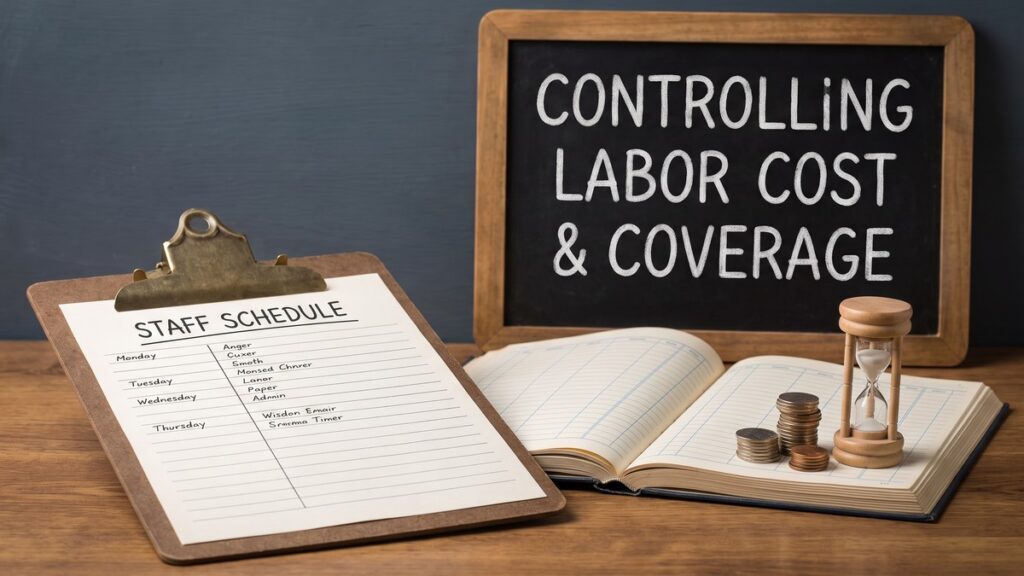 A clipboard with a "Staff Schedule" list of days and names sits beside an open ledger holding stacked coins and a wooden hourglass, with a chalkboard reading "Controlling Labor Cost & Coverage" propped up behind them on a wooden desk.