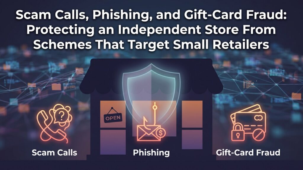 A digital illustration shows a storefront with a glowing shield icon on its awning, flanked by three neon-style icons and labels below them: a phone with a question mark labeled "Scam Calls," an envelope with a fishing hook and dollar sign labeled "Phishing," and a locked credit card labeled "Gift-Card Fraud," all set against a dark background with network node graphics.