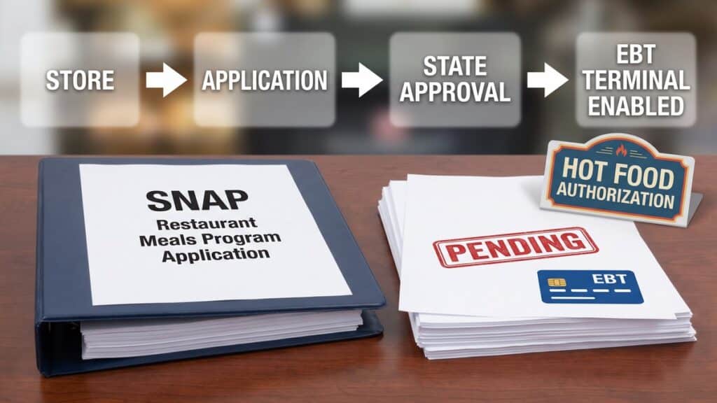 A flowchart at the top reads "STORE," "APPLICATION," "STATE APPROVAL," and "EBT TERMINAL ENABLED" connected by white arrows, above a desk holding a binder labeled "SNAP Restaurant Meals Program Application," a stack of papers stamped "PENDING" with an EBT card icon, and a table tent sign reading "HOT FOOD AUTHORIZATION."
