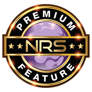 Round gold and black badge with a purple globe, text reads PREMIUM FEATURE and NRS with stars