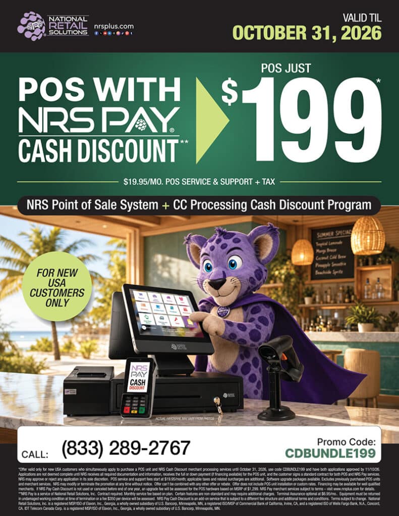 NRS Point of Sale System with CC Processing Cash Discount Program for $199, valid until October 31, 2026. Call (833)